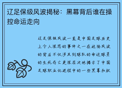 辽足保级风波揭秘:黑幕背后谁在操控命运走向 辽足保级风波揭秘:黑幕背后谁在操控命运走向